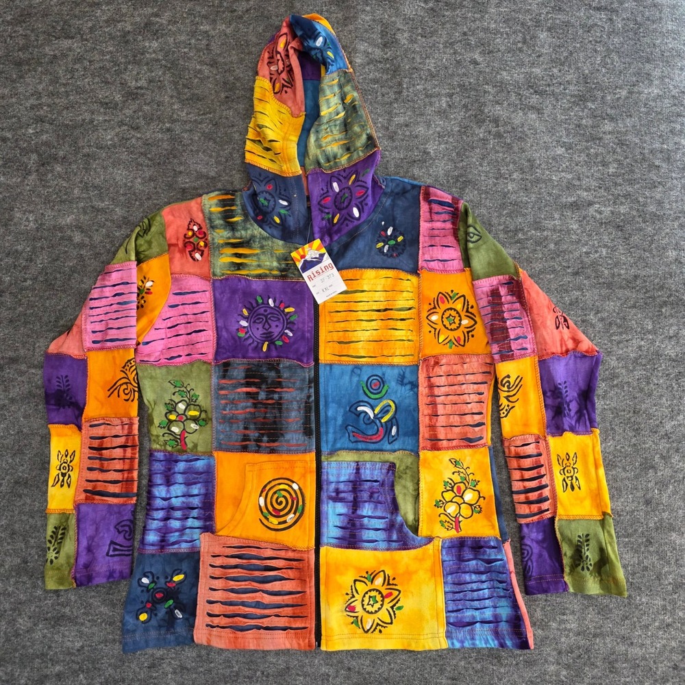 NWT Rising International Hoodie‎ XXL Tie Dye Patchwork Sun Celestial Hippie Pock